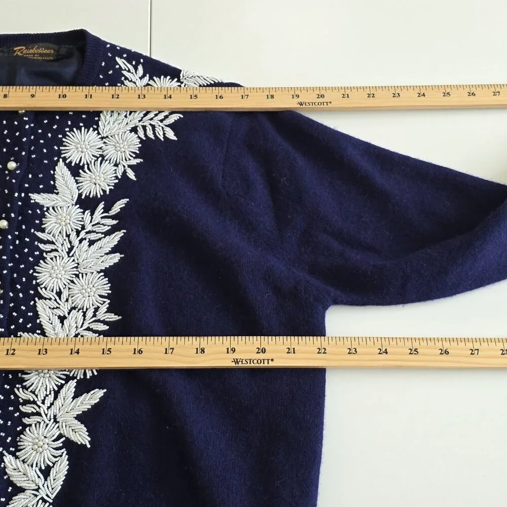 Vtg Embellished Beaded 1960s Cardigan Womens 44 L Blue Lined Floral Art To Wear - Picture 5 of 16